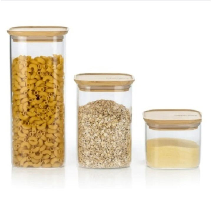 Set 3 borcane, RiccAde, din sticla+capace bambus pentru depozitare 0.8L/1.2L/2L