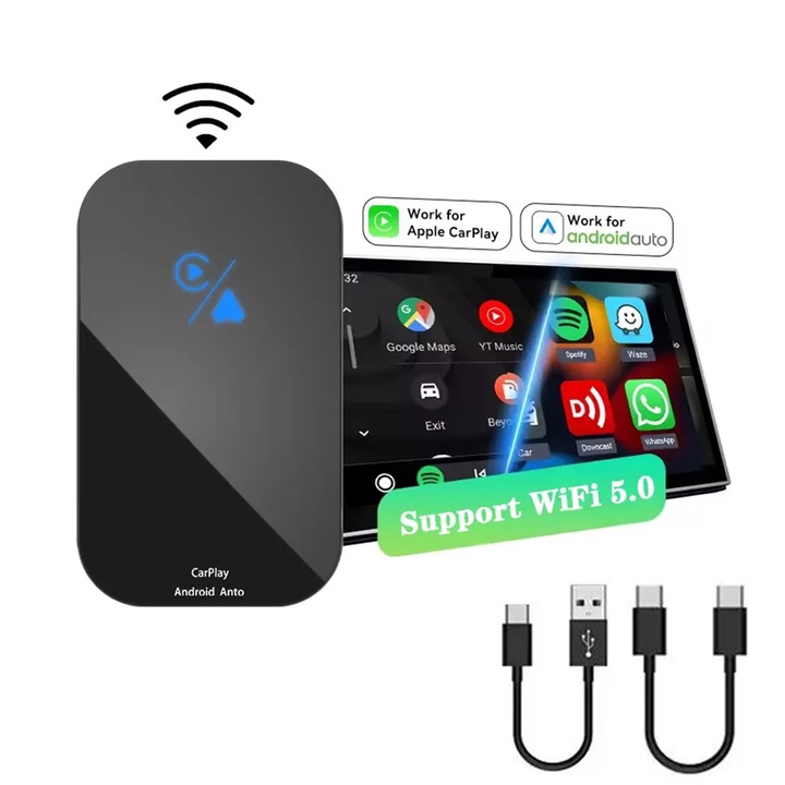 ENZIRO® 2 в 1 безжичен адаптер за кола за автомобили с фабрична кабелна CarPlay, автоматична Plug and Play връзка, AI процесор, Car Smart Box, Bluetooth 5.0, WiFi 2.4 и 5 GHz, нормален USB адаптер и USB тип C, черен