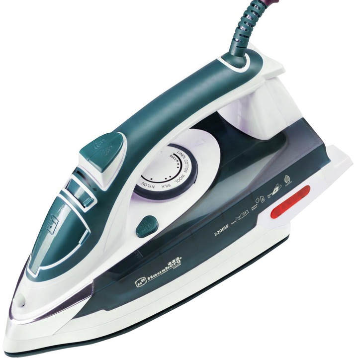 Fier de calcat Hausberg HB-7809VR, Ultra Slide, 2300 W, Talpa Ceramica, Temperatura reglabila, Functie spray, Rezervor apa 390 ml, Alb/Verde Inchis