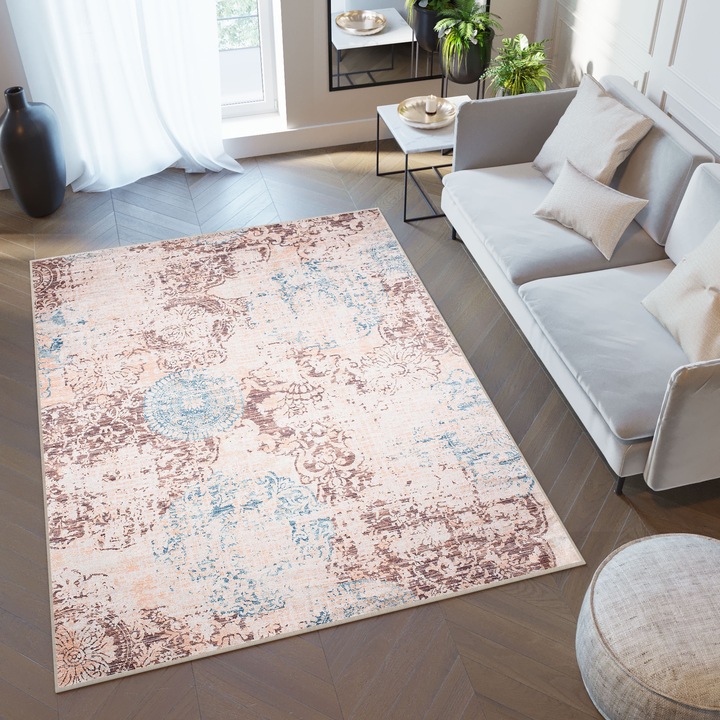 Килим, Tapiso, Tuscany, Материал Полипропилен, Размери 80x150 см, Флорален дизайн, Предназначен за Хол, Спалня, Антре, Кухня, Височина на купината 6 мм, Тегло 1,08 кг, 43850, Бежов Тюркоаз