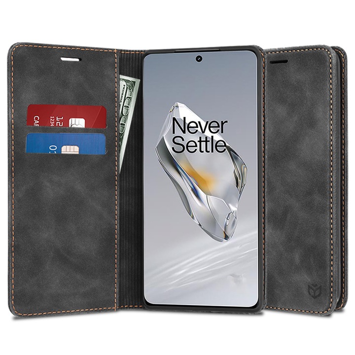 Husa tip carte pentru OnePlus 12, inchidere magnetica, Accesorio Confy Cover, Negru