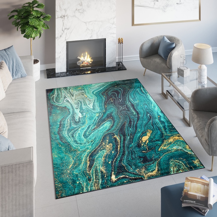 Covor, Tapiso, Toscana, Material Polipropilena, Dimensiune 140x200 cm, Design Abstract, Destinat Pentru Camera De Zi, Dormitor, Hol, Bucatarie, Inaltime Fir 6 mm, Greutate 2.52 kg, 40560, Verde Smarald