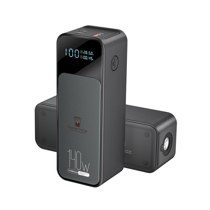 PRESTIGE CHARGE® hordozható külső akkumulátor, PREMIUM gyorstöltő Powerbank, 27 000 mAh akkumulátor, Dual Type C, 160 W MAX teljesítmény, 2 x USB-C PD, 1 x USB QC 3.0, MacBook Pro töltés 140 W, kijelző, zseblámpa, utazáshoz, Airplane, Fekete