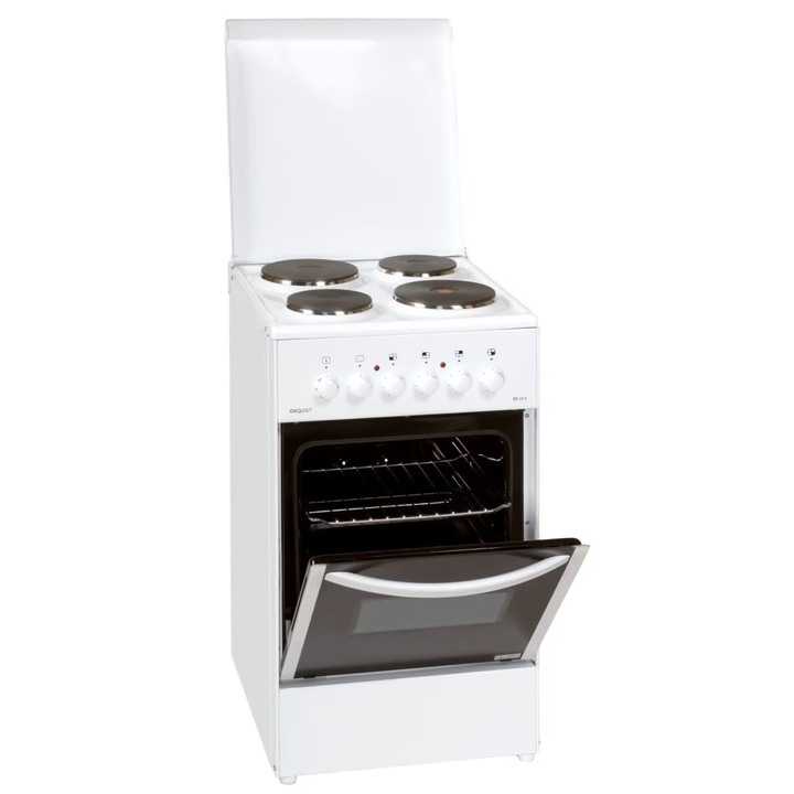 Exquisit villanytűzhely, H 89 cm, térfogat 51 liter, 4 főzőlap égő, alacsony fogyasztás, hőmérséklet tartomány 50-240°C, belső világítás, elektromos gyújtás, kompakt kivitel, könnyen tisztítható, fehér