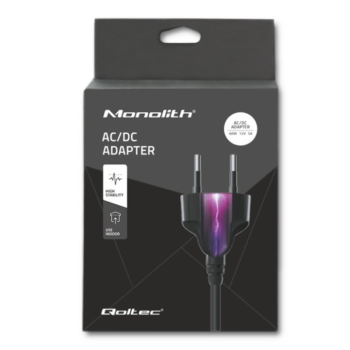 Töltő adapter, Quoltec, 60W, 12V, 5A, 5.5*2.1, + tápkábel
