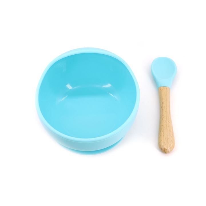 2 darabos szilikon baba- és gyermek etetőkészlet, tapadókorongos tál, fa és szilikon kanál, uzsonnára, allergénmentes, kék