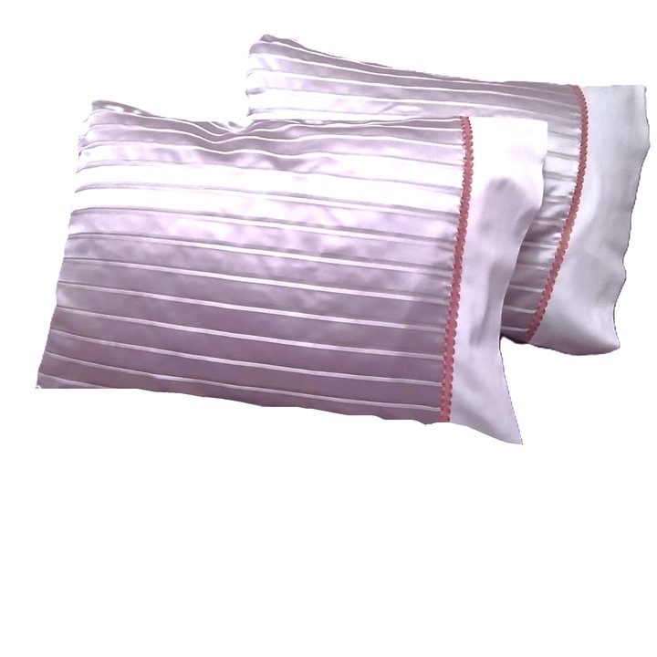 Set 2 x Fata de perna din matase naturala, Casa Bucuriei, model Simple Lines, lila/alb, 50 cm x 80 cm
