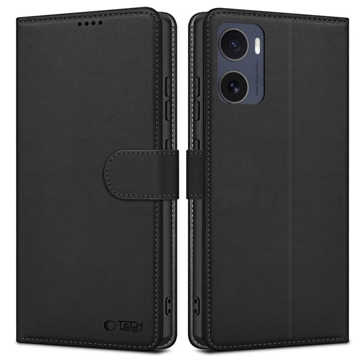 Motorola Moto G05 kompatibilis telefontok - Tech- Protect Wallet - fekete bőr könyvtok, ráhajtófüllel ﻿