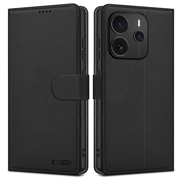 Husa portofel pentru Xiaomi Redmi Note 14 5G, Tech-Protect, functie suport, piele ecologica, negru mat