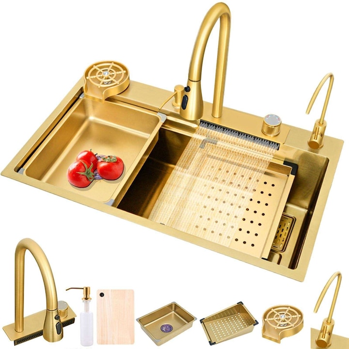 Set Chiuveta Bucatarie cu cascada multifunctionala, otel inoxidabil SUS 304, Auriu Mat