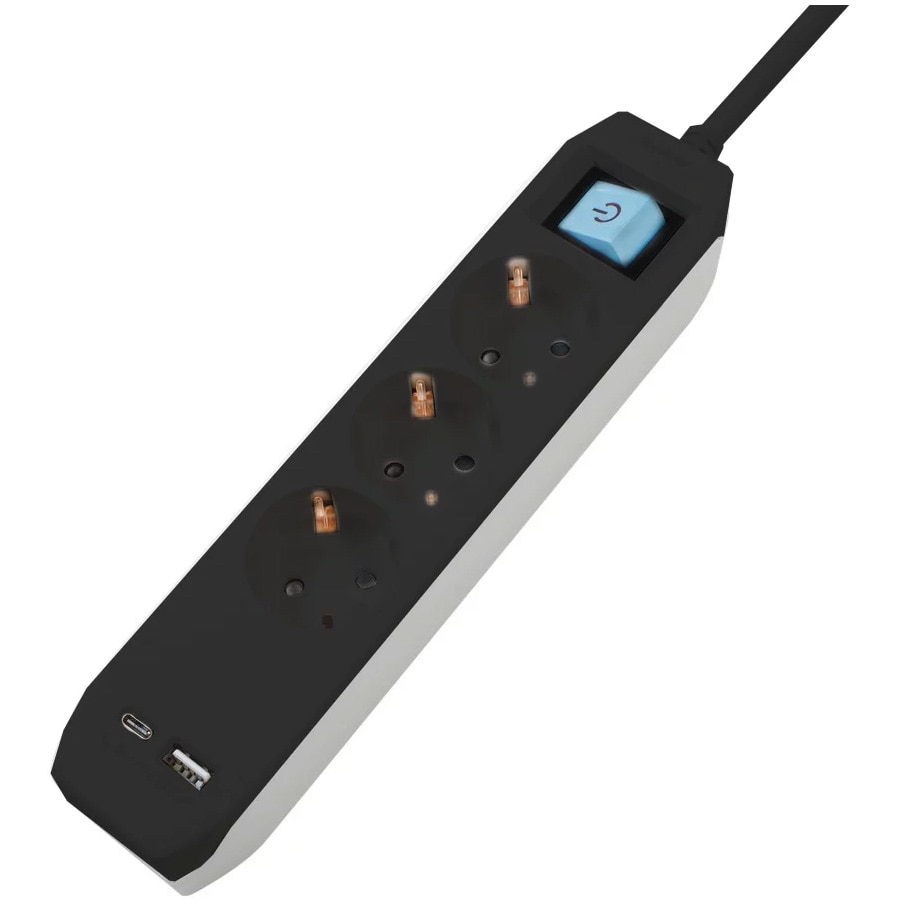 Prelungitor Spacer PP-3-30B-TC-USB, USB Type-C x1, USB x 1, 3.1A, 3 prize, intrerupator, protectie copii, 16A, 3m, Negru
