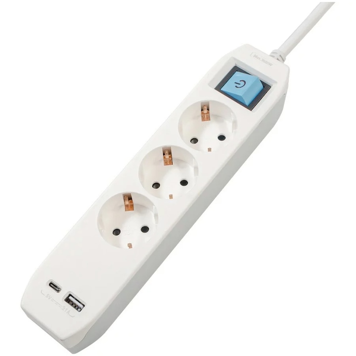 Prelungitor Spacer PP-3-45-TC-USB, Type-C x1, USB x 1, 3.1A, 3 prize, inrerupator, protectie copii, 16A, 4.5m, Alb/Gri