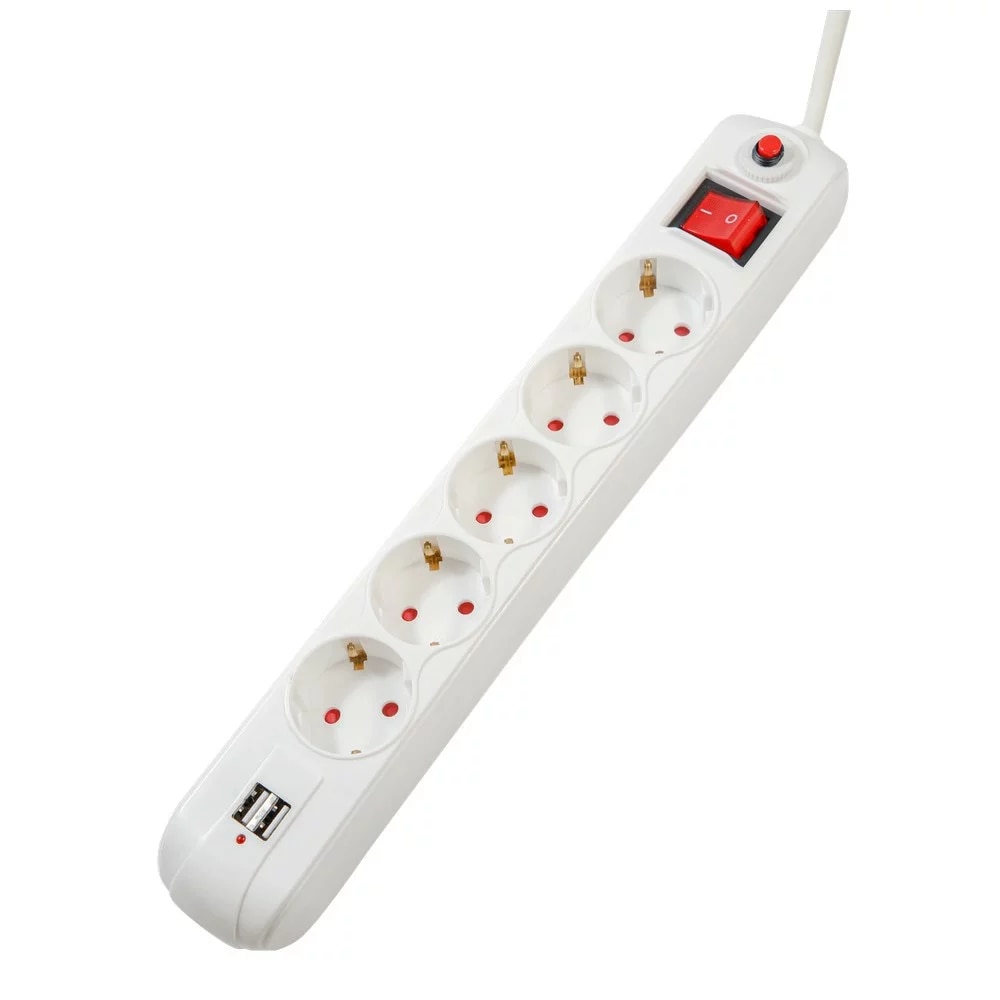 Prelungitor Spacer PP-5-18 USB, USB x 2, 5 prize, intrerupator, protectie supratensiune, 16A, 1.8m, Alb