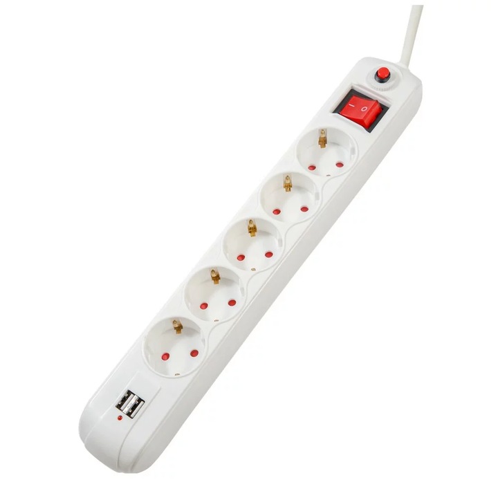 Spacer PP-5-18 USB elosztó hosszabbító kábel, 2 db USB, 5 aljzat, kapcsoló, túlfeszültség-védelemmel, 16A, 1,8m, fehér