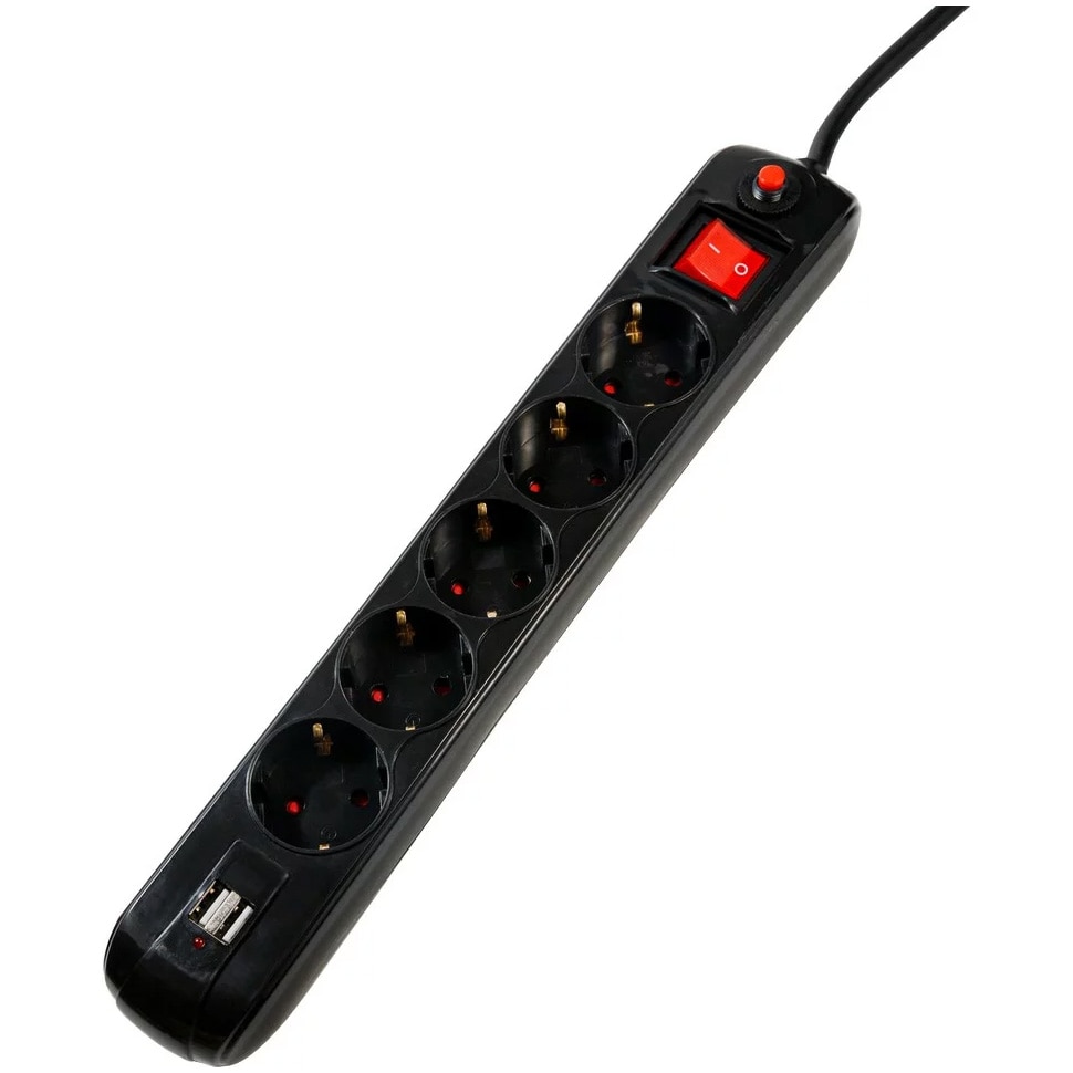 Prelungitor Spacer PP-5-30B USB, USB x 2, intrerupator, protectie supratensiune, 16A, cablu 3 m, Negru