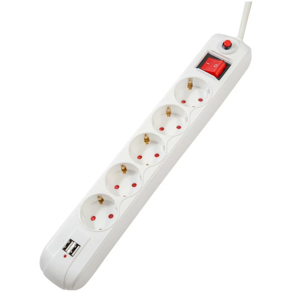 Prelungitor Spacer, PP-5-45 USB, USB x 2, 5 prize, intrerupator, protectie supratensiune, 16A, 4.5 m, Alb