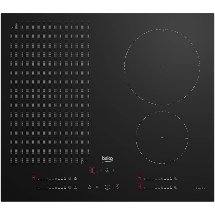 Plita incorporabila Beko HII64792UFT, Inductie, 4 zone de gatit, IndyFlex, HobtoHood, OverHeat Safety System, Auto Shutdown, 60 cm, Negru