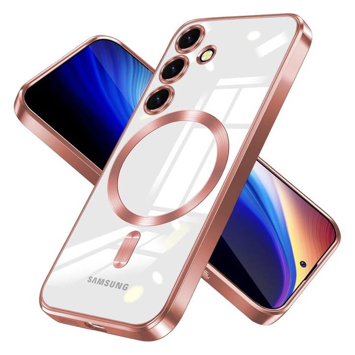 Husa de Protectie GemstoneClear MagSafe pentru Samsung Galaxy S25 Plus, OPTIM SOLUTION, Strong Magnet, Fast Charging, AntiShock, ProCore Tech, Decupaje Precise, Metallic Detailing Design, Roz