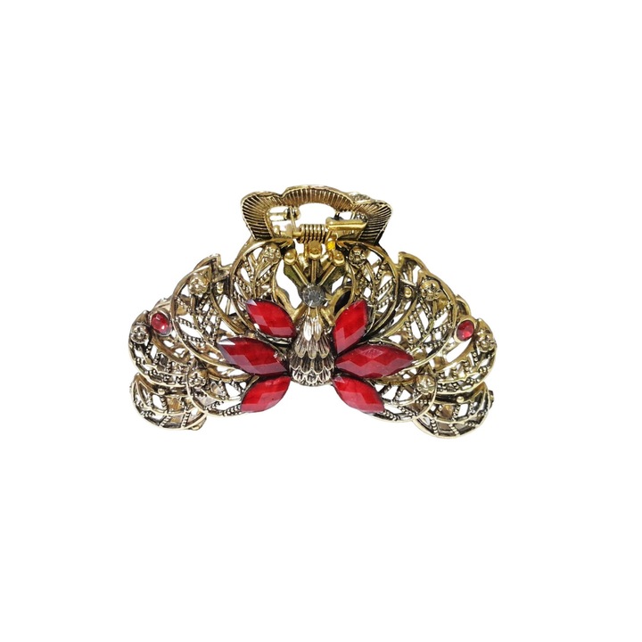 Páva hajcsat, Vintage, 7 cm, piros, 84BJ