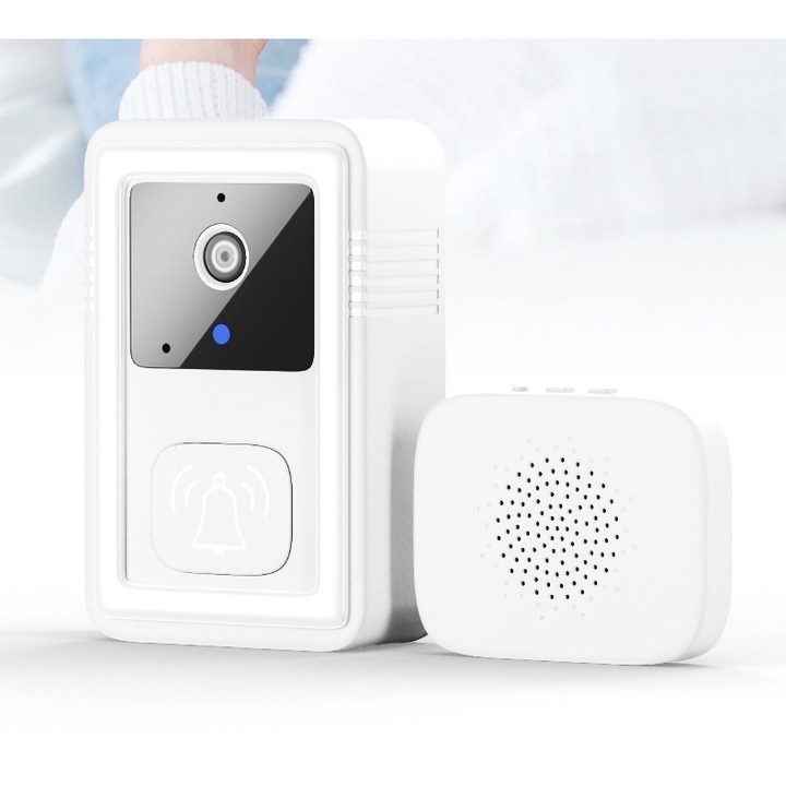 Sonerie Wireless Video smart Tuya 720P HD, cu Vedere Noctura ANDROTEK®, Microfon Audio Bidirectional, Detector Miscare, Stocare video in cloud, Schimbarea Vocii, 38 Melodii Unice, Instalare Portabila, Alb