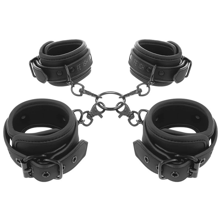 Комплект маншети за ръце и глезени Fetish Submissive, неопрен, веган кожа, регулируеми, издръжливи