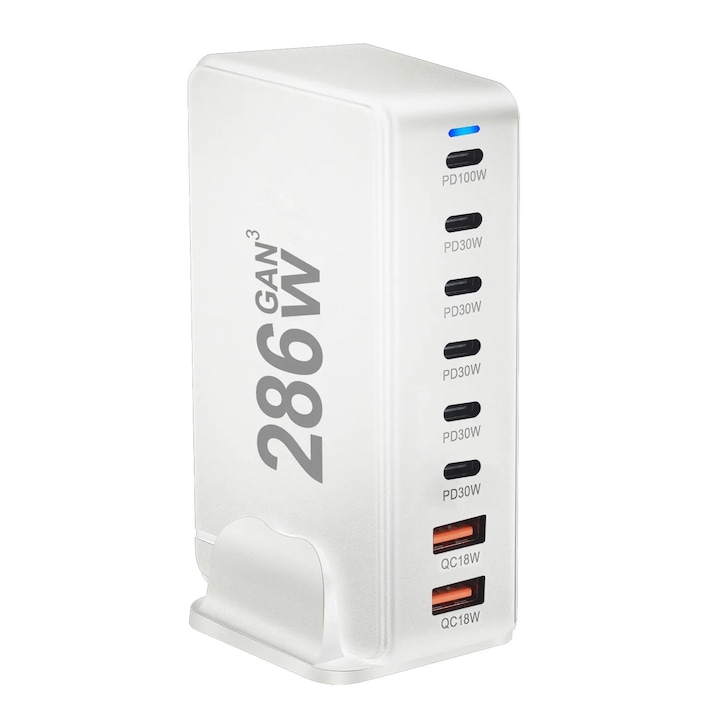 Hordozható töltő / 8 az 1-ben USB-C és USB-A töltőállomás, 286 W GaN3 hibrid teljesítmény, gyorstöltő laptophoz, telefonhoz, táblagéphez, GaN technológia, kompakt, hordozható, többeszközös töltő