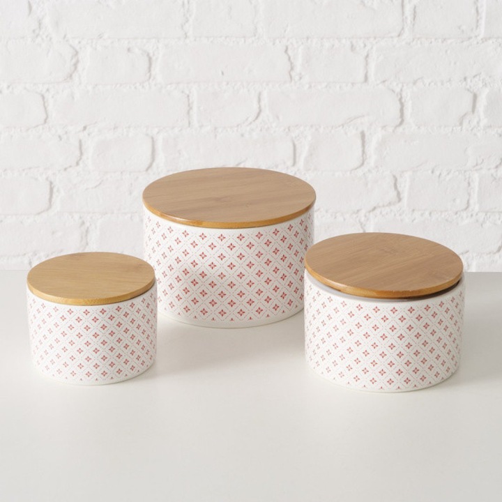 Set 3 recipiente din ceramica Lilly cu capac din bambus, alb - tipar 3