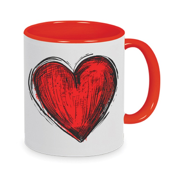 Cana ceramica rosie 330ml cu design Love Heart Sketch, set pentru Valentine's Day