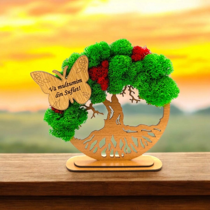 Tablou copacul vietii cu licheni naturali stabilizati, decorat cu fluture cu mesaj standard pentru Profesoara/Diriginta, dimensiune 10cm, maro