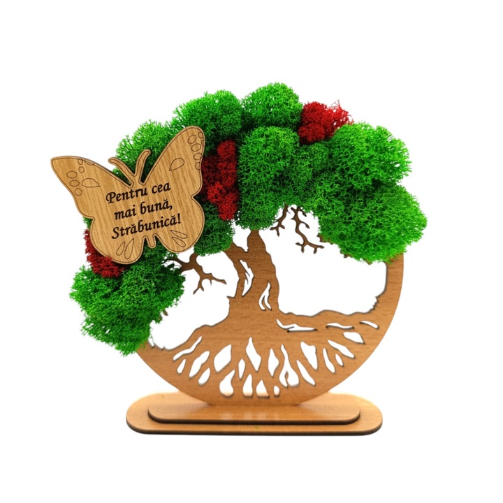 Tablou copacul vietii cu licheni naturali stabilizati, decorat cu fluture cu mesaj standard pentru "Cea mai buna Strabunica", dimensiune 15cm, maro
