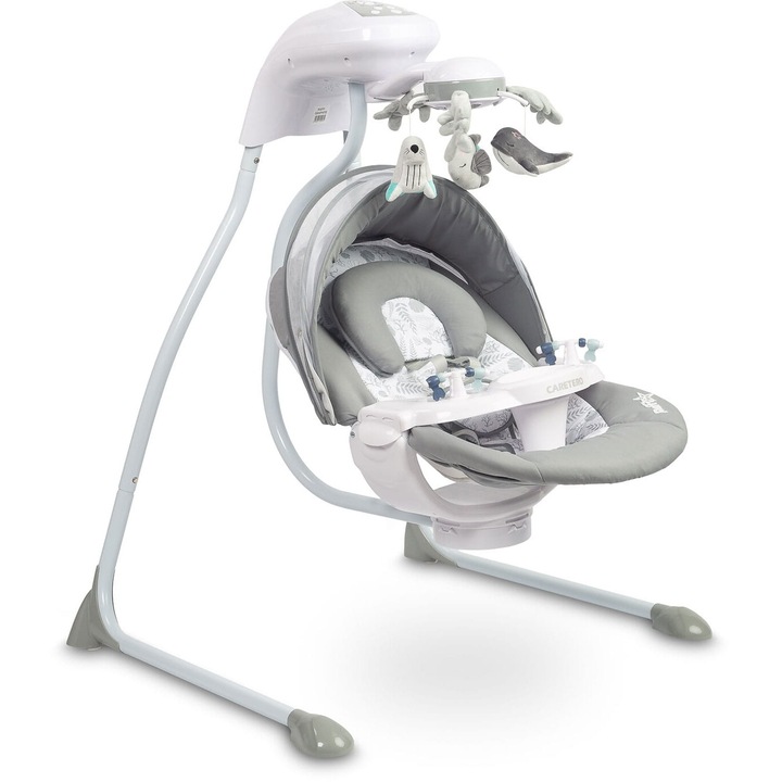 Електрическа люлка Caretero Raffi, сива, с въртележка и играчки, 88x74x108 см