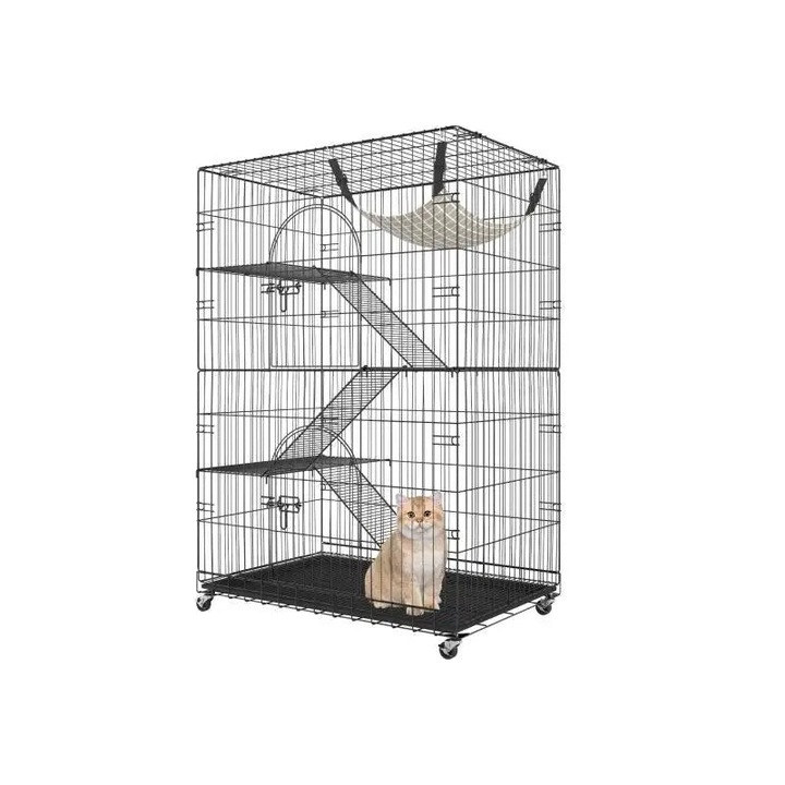 Macskaketrec, 4 szintes, tágas kialakítású, fekete, 90x60x130cm, készlet emelvényekkel, lépcsőkkel, függőággyal