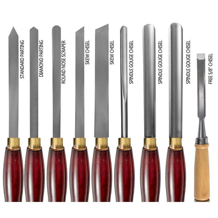 Комплект от 8 броя стругови длета, HSS, дръжки от червен евкалипт, дървена кутия