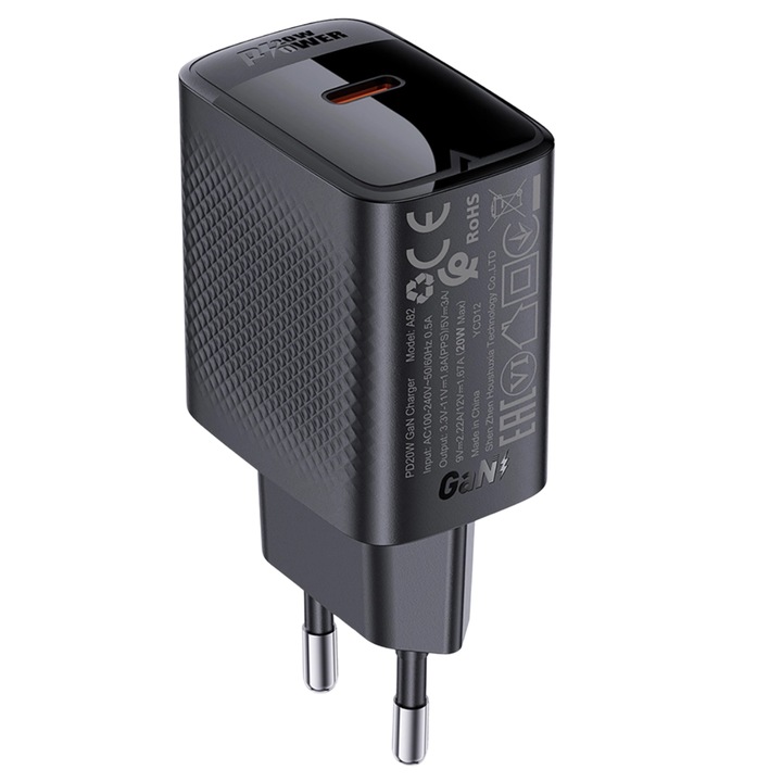 Acefast A82 GaN USB-C PD 20W gyors töltő, elegáns kivitel, fekete, 1 db-os készlet
