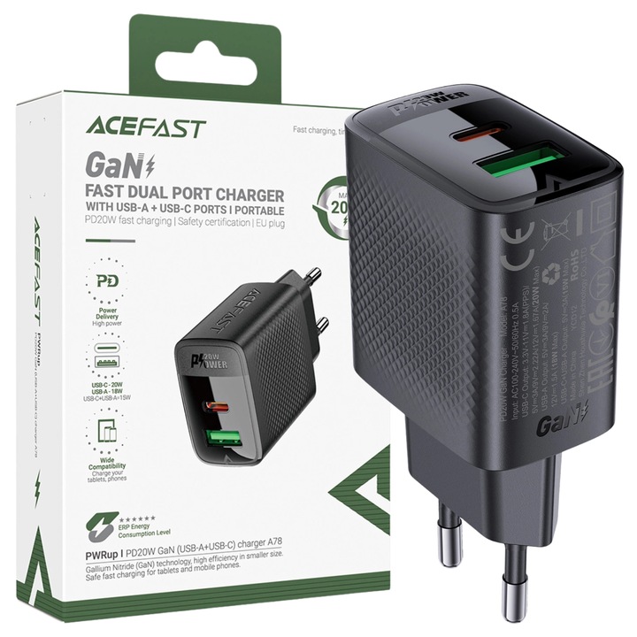 Incarcator pentru Priza, USB, Type-C, PD20W, 5V/3A, Fast Charging - Acefast (A78) - Black