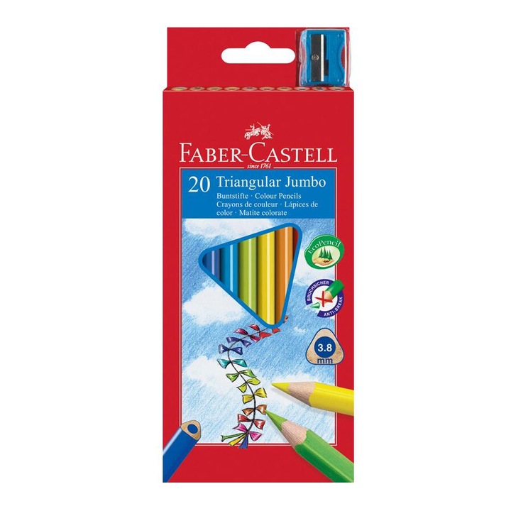 Комплект от 20 цветни молива Faber-Castell Jumbo, триъгълни, с включено острие