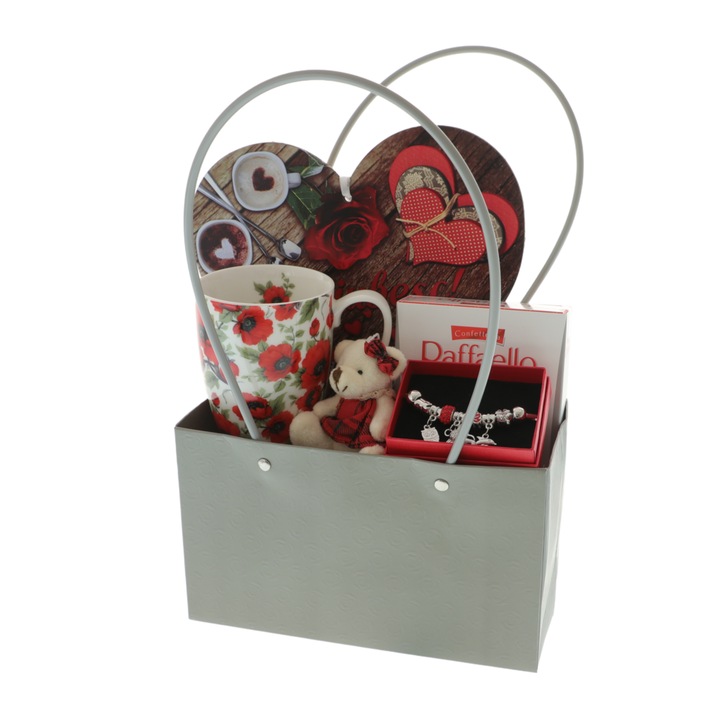 Set cadou femei cu ursulet, cana, bratara si tablita Te iubesc 6 cm