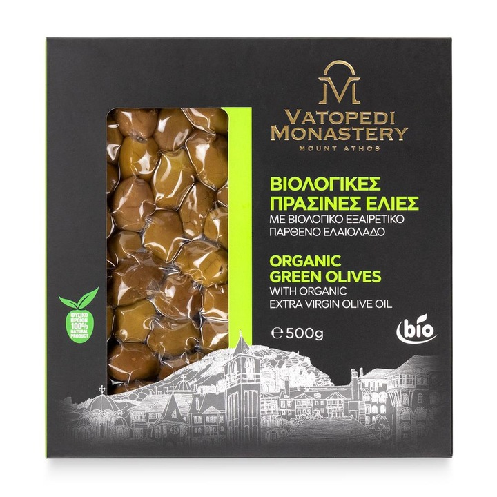 Masline Verzi Bio In Vid (500 gr) (Bio Grecia, Gr-Bio-03), Productia Manastirii Vatoped De Pe Muntele Athos, Grecia