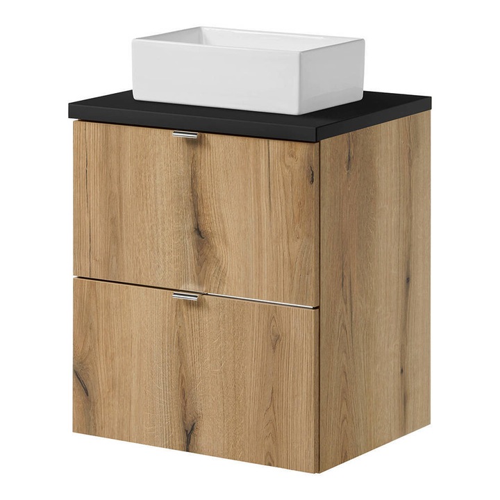 Set dulap baie cu lavoar dreptunghiular, en.casa, 60 Newport, 50, 4x70, 5x40 cm, pal, mdf, ceramica, efect lemn stejar, negru