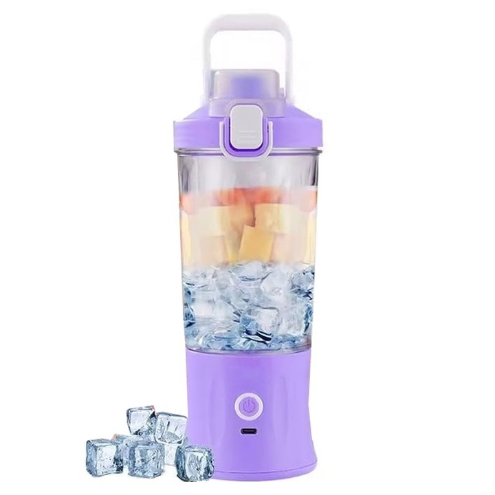 Мини преносим блендер, Welora, Презареждащ се, 60-70W, Капацитет 600ml, За смутита, Cъс стъкло, Cветлина, Зареждане през USB C