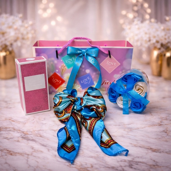 Set Arabian Love, cu parfum Ameerat Al Arab, inima cu trandafiri de sapun si esarfa satinata, Albastru, Velve