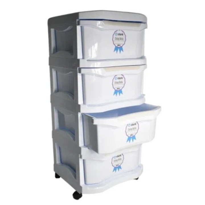 Dulap din plastic cu roti pentru depozitare, cu 4 sertare Alb Sterk Bella