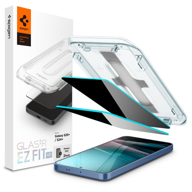 Set 2 folii sticla cu sistem de montare Case friendly Spigen GLAStR EZ FIT HD compatibil cu Samsung Galaxy S24 Plus / S25 Plus Privacy