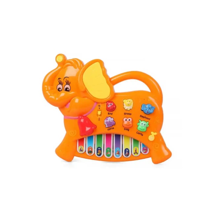 Jucarie interactiva Elefantel Portocaliu, Clape de pian, Butoane muzicale, cu lumini, sunete animale si melodii