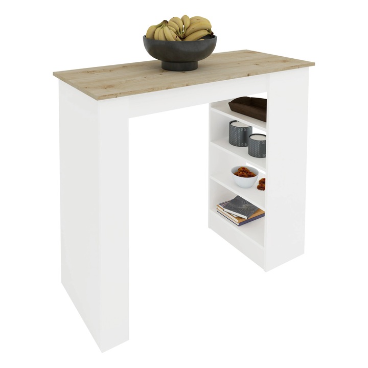 Masa Bar haaus Vista, 4 rafturi, Alb/Stejar Artisan, 120 x 50 x 100 cm