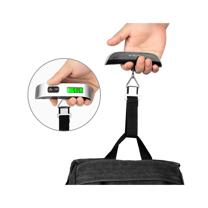 Cantar compact pentru bagaje de pana la 50 kg cu afisaj LCD, cantar pentru bagaje de mana, precizie de pana la 10 g, LCD cu lumina de fundal verde, tara, oprire automata, conversie unitati, argintiu, HDWR wagPRO-H50E