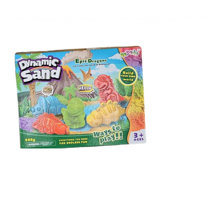 Кинетичен пясък за игра Dinamic Sand, С включени форми на динозаври, Тегло: 500 грама, Размер: 25х15 сантиметра, Цвят: Многоцветен