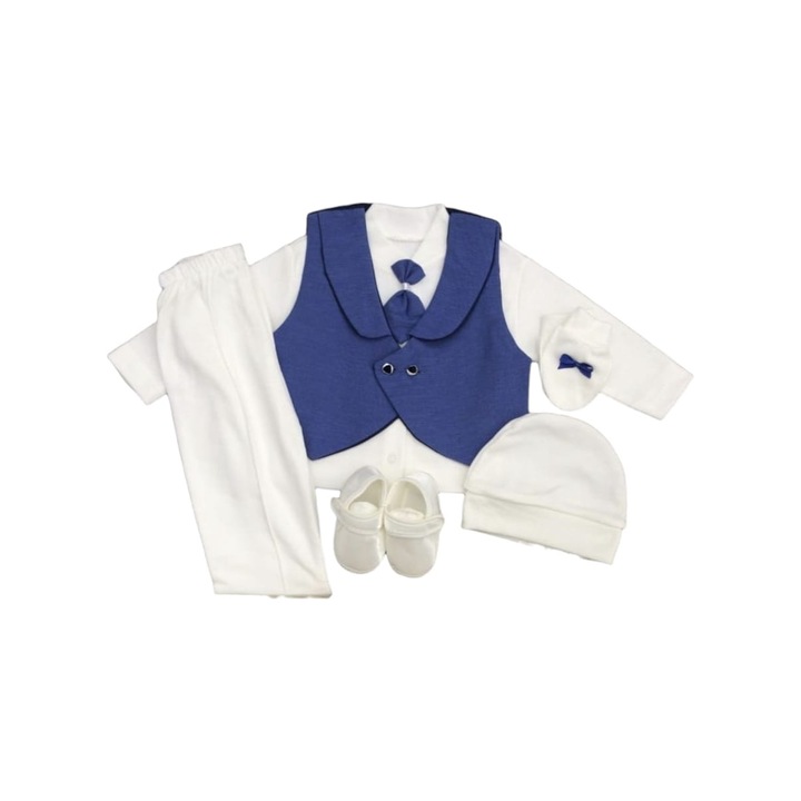 Set costum Botez baietei cu papion CEREMONY 6, 6 piese, 100% bumbac premium, 0-3 luni (44-62 cm), Alb/Albastru royal