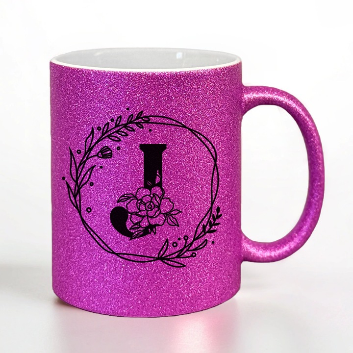 Cana ceramica cu sclipici cu litera J, initiala numelui, roz violet glitter, idee cadou martisor, 350ml