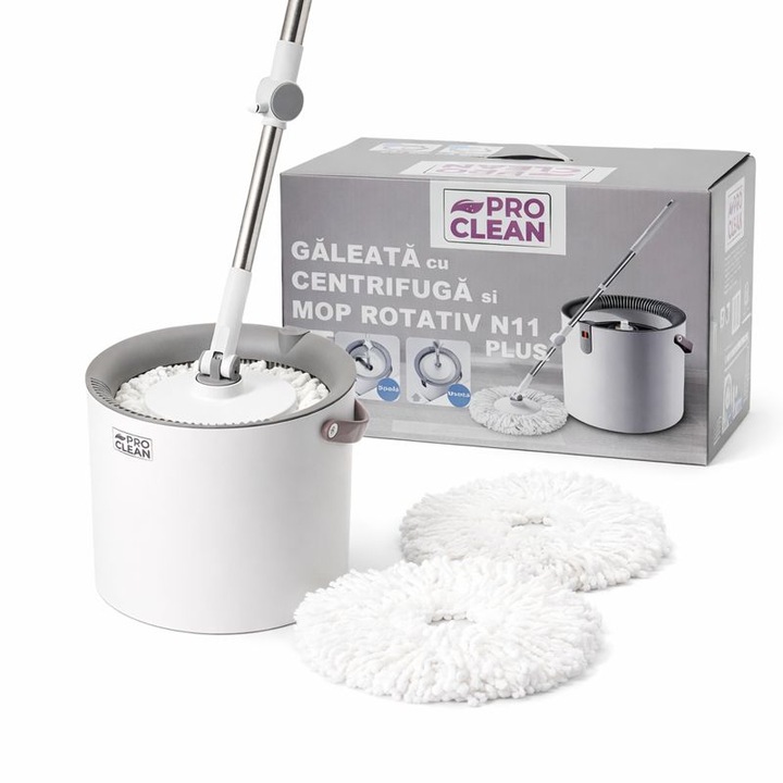 Set mop rotativ Pro Clean N11 PLUS cu galeata centrifuga 7.5L functie spalare si uscare + 2 rezerve din microfibra